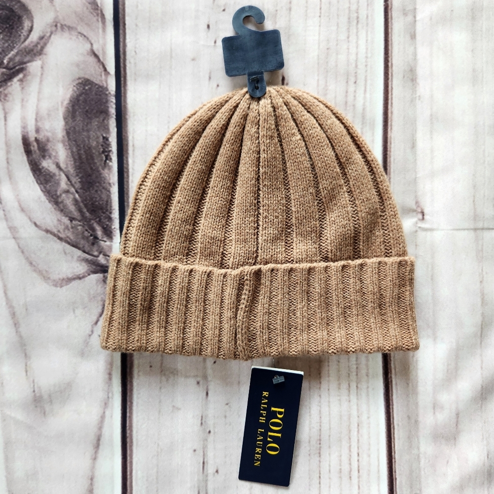 NWT Polo Ralph Lauren Beanie Wool Blend Rib Knit Cuff Pony Logo Tan Unisex - Picture 3 of 5